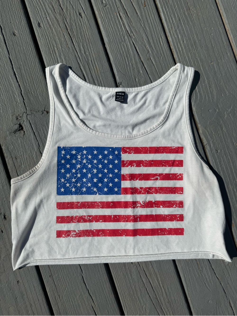 SHEIN White Crop Tank with Red & Blue American Flag Print